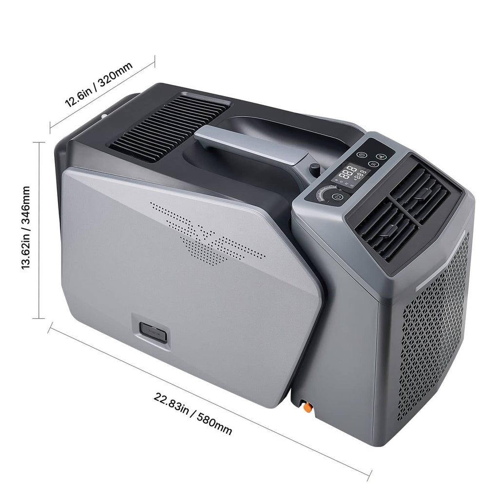 Portable air conditioner dimensions view showing compact light gray body