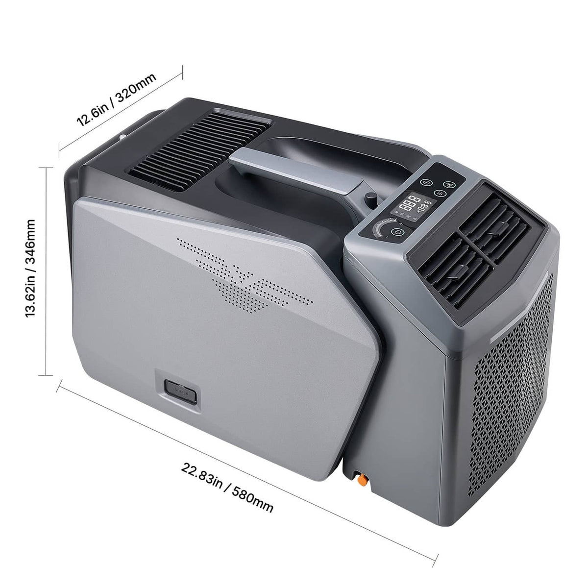 Portable air conditioner dimensions view showing compact light gray body