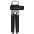 Black manual can opener and bottle opener with ULtREAN handle, close front view.