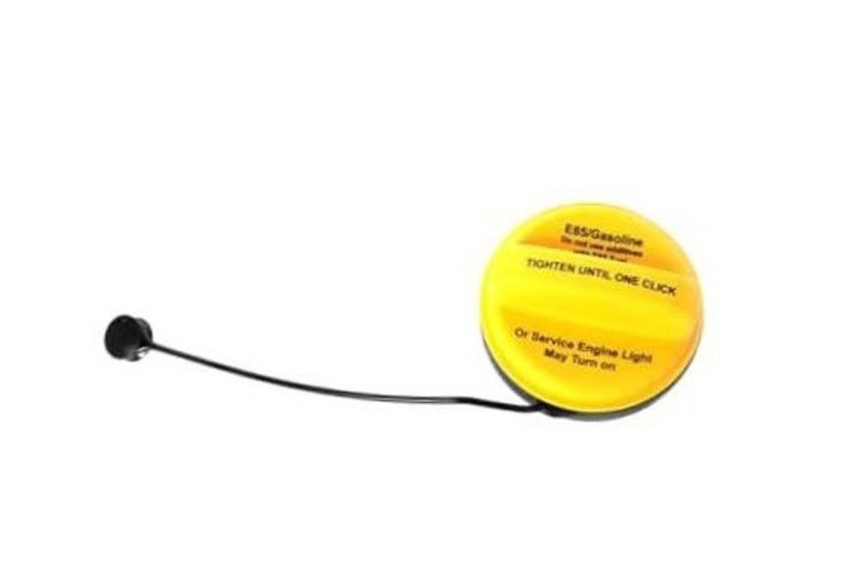 Yellow fuel tank filler cap with attached black tether