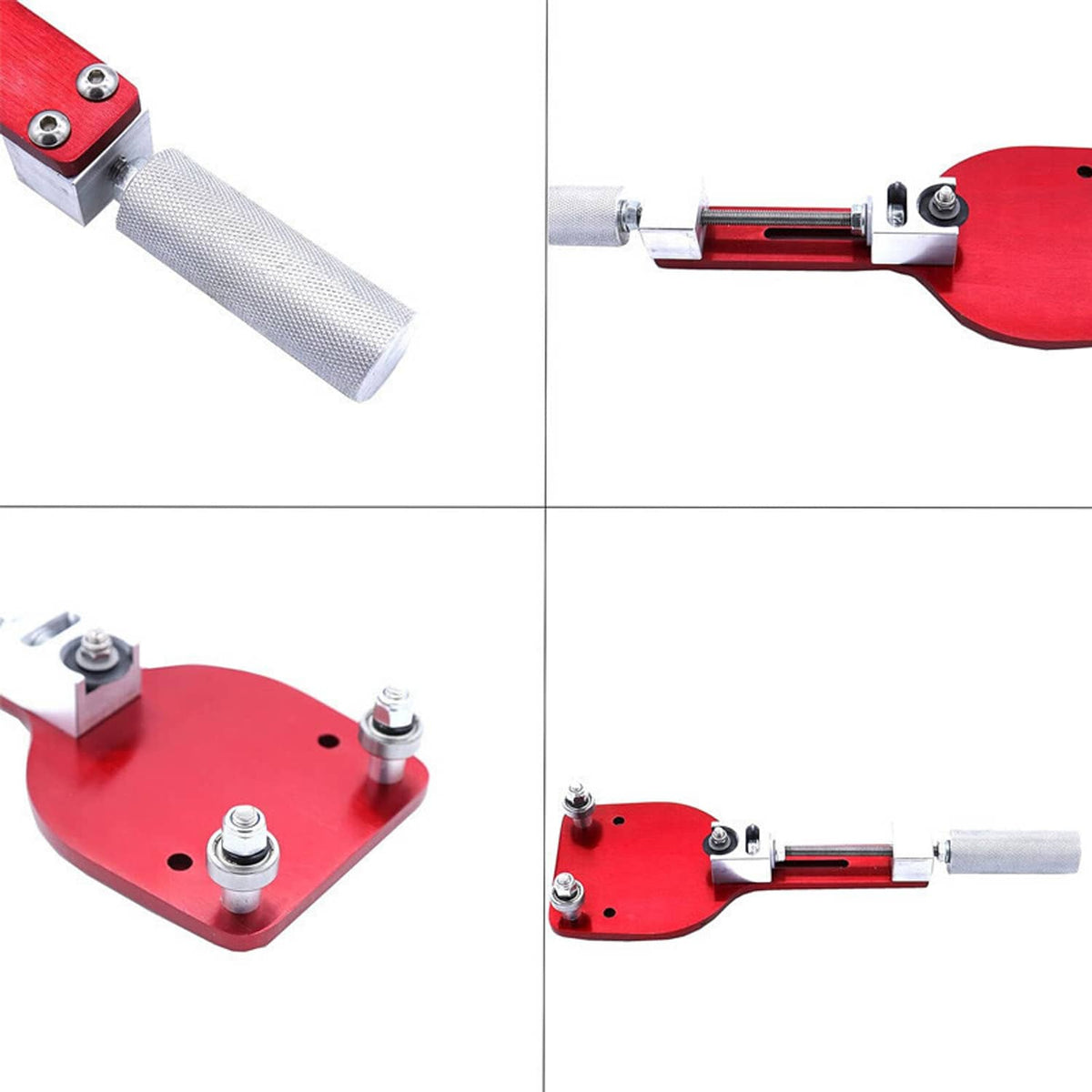 Red oil filter cutter tool in multiple angles with threaded shaft and textured handle
