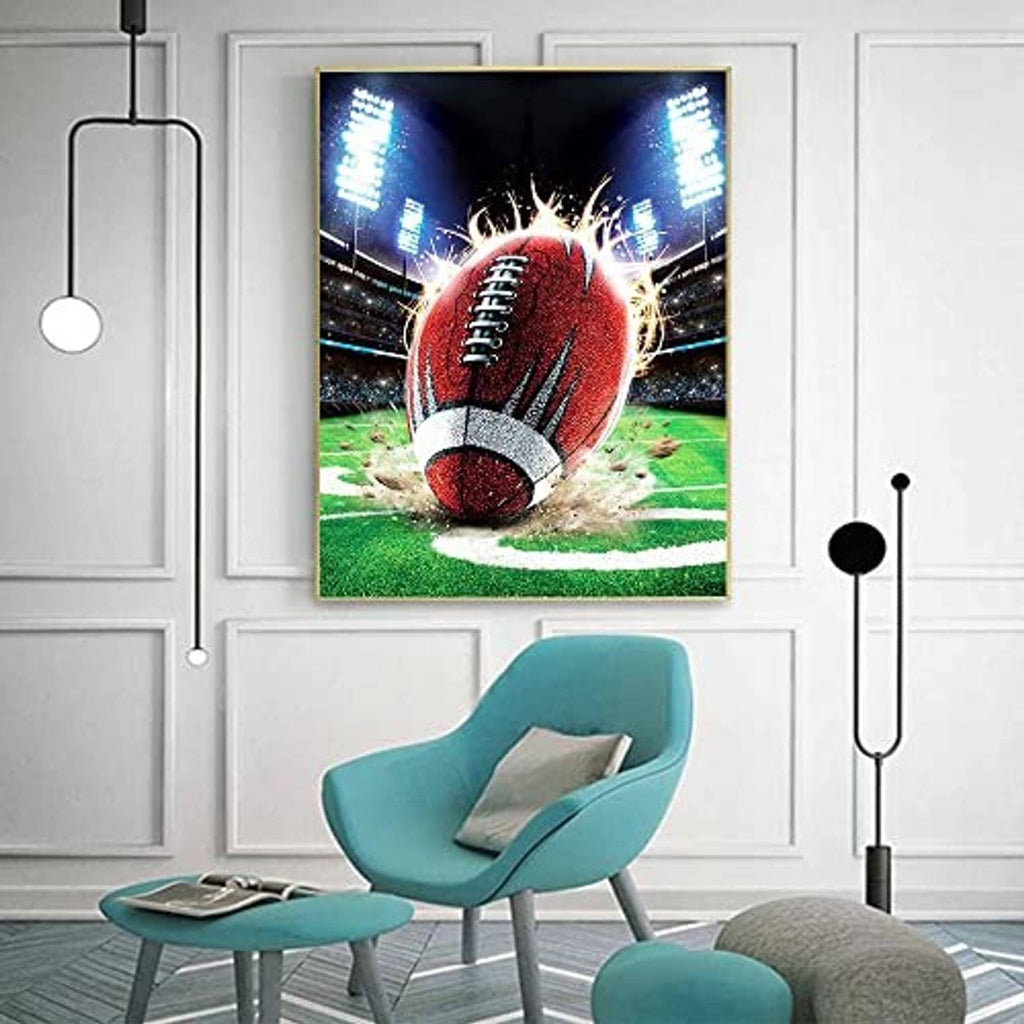 Framed football diamond painting wall art with stadium lights and red football