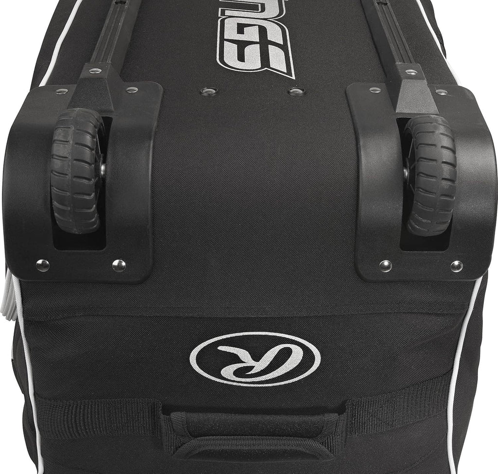 Top view of black wheeled catcher’s bag with Rawlings logo and wheel guards