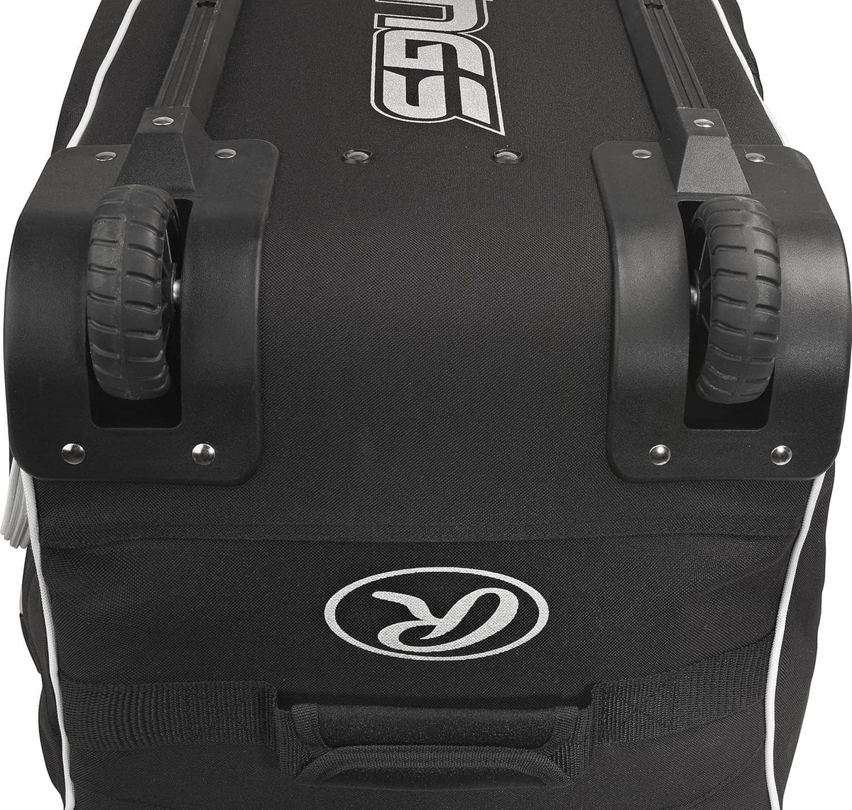 Top view of black wheeled catcher’s bag with Rawlings logo and wheel guards