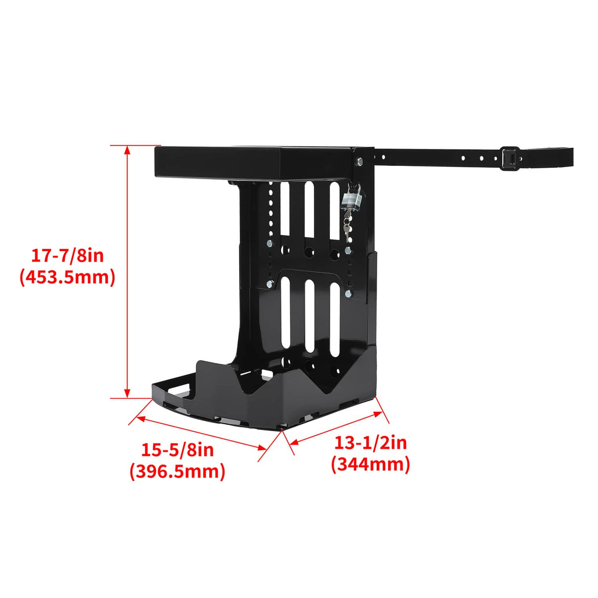 Adjustable black trailer rack mount with curved base and side mounting holes