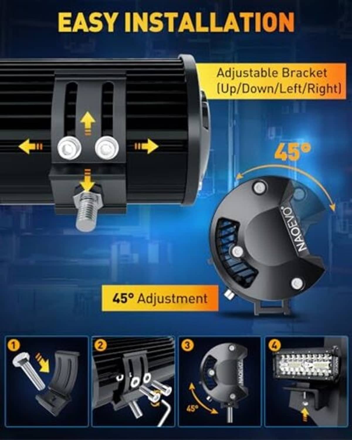 Adjustable black LED light bar bracket with tilting knobs for left/right and up/down.