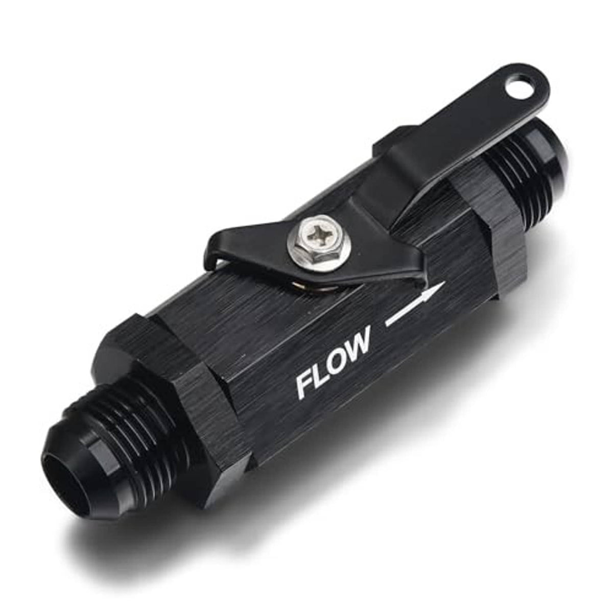 Black aluminum inline fuel shut-off valve with cable lever, male AN fitting end view