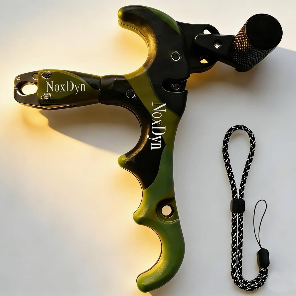 Compound bow thumb release, black/green with textured thumb button and included lanyard.