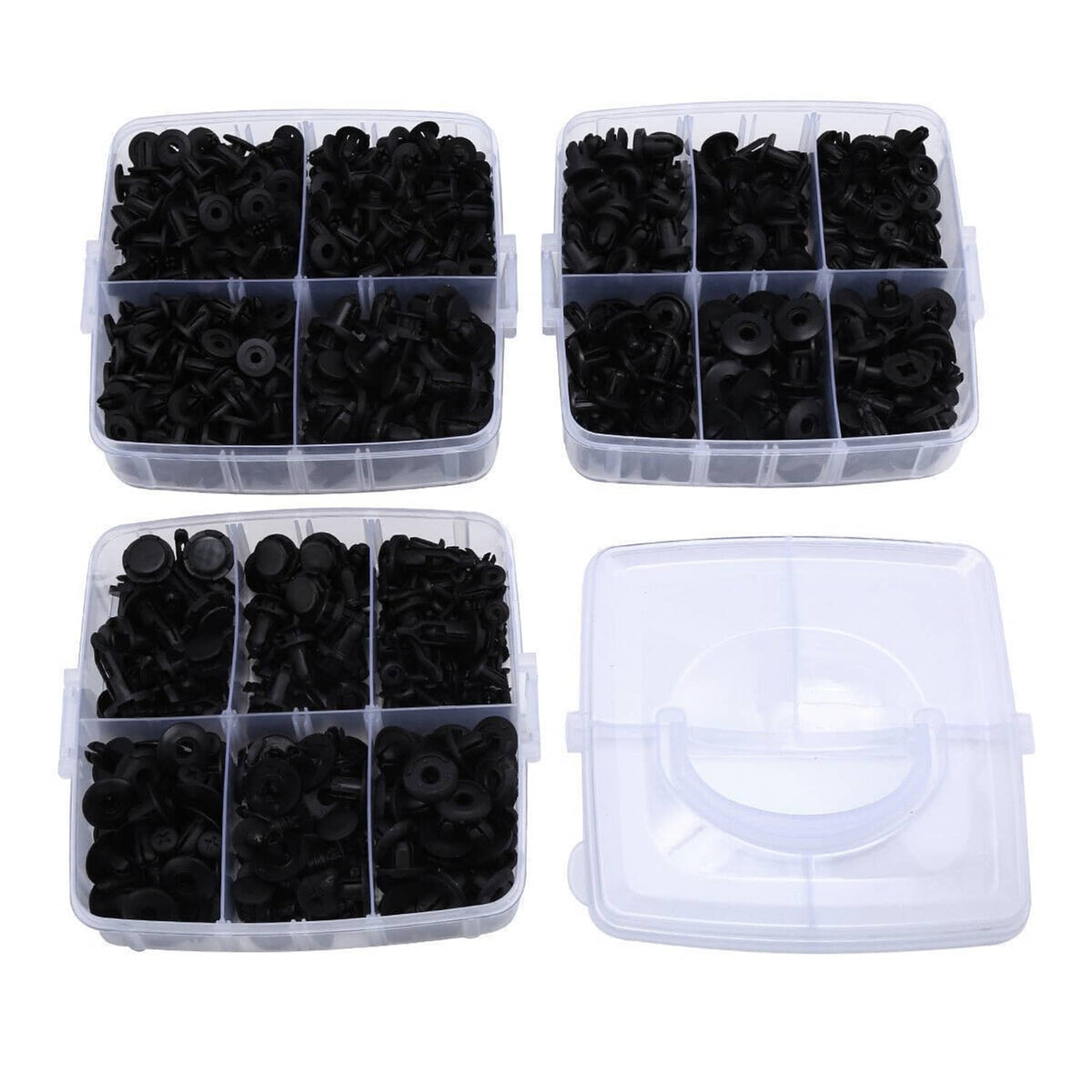 Box of assorted black push-in trim retainer clips in labeled compartments