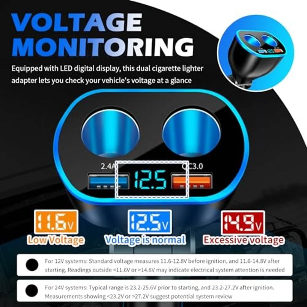 Car cigarette lighter splitter with LED voltage monitoring display and blue gauge ring