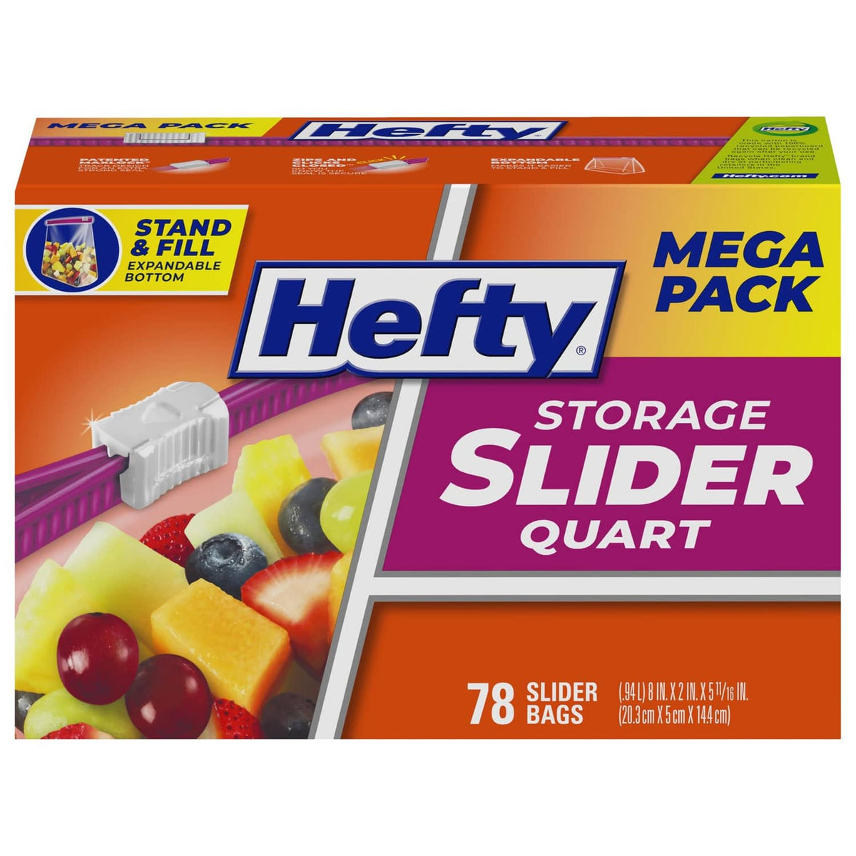 Quart storage slider bags box with assorted fruit graphics and 78 count on label