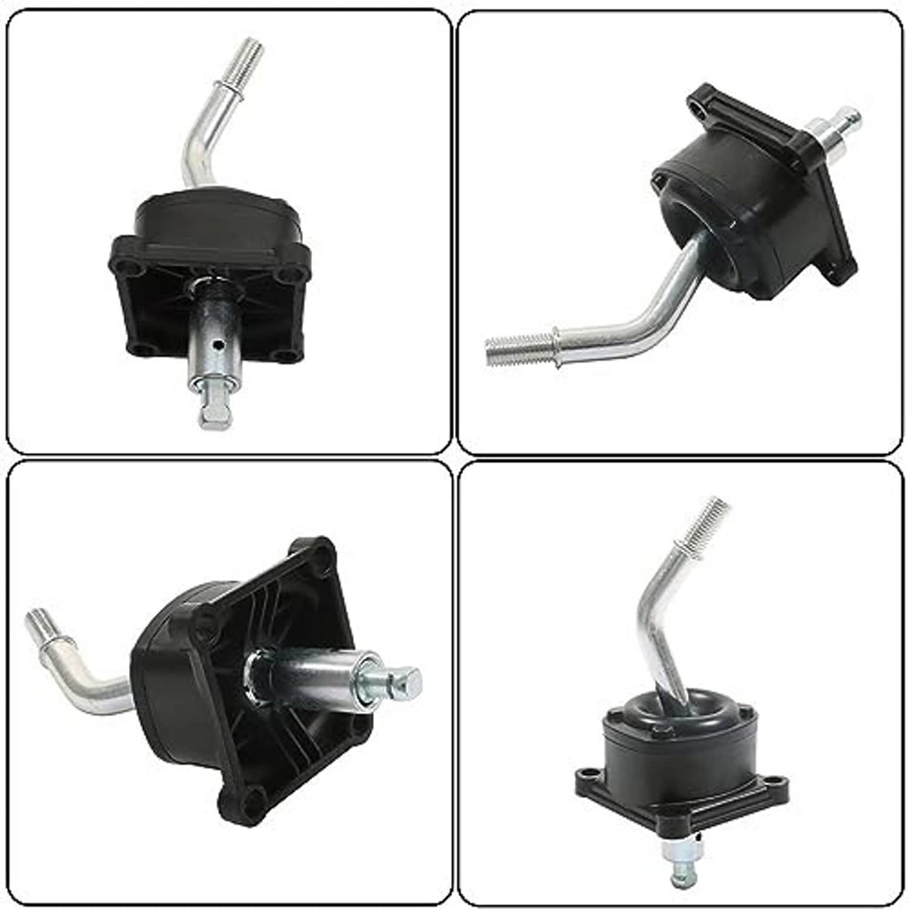 Manual transmission shifter kit shown from multiple angles: black housing and silver lever