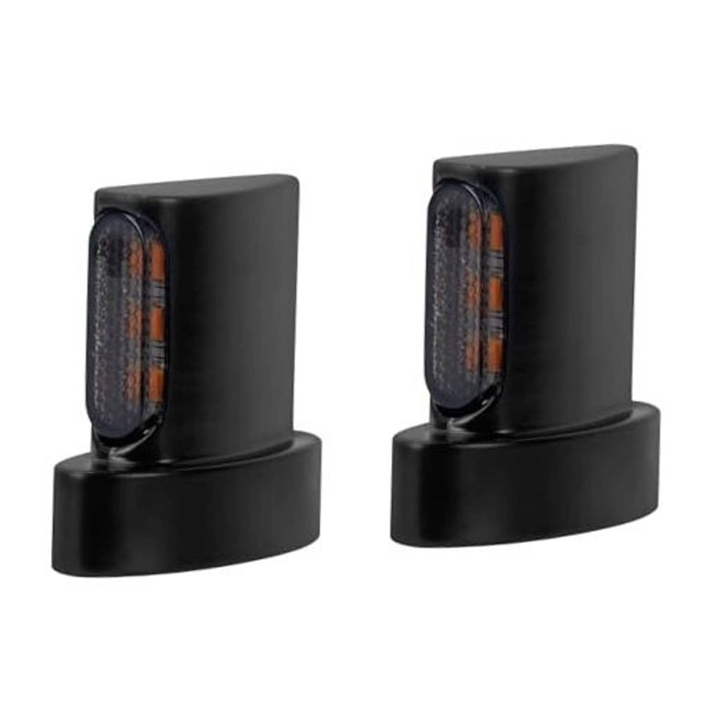 Motorcycle LED mini turn signal pair with black housing and smoke lens, amber light
