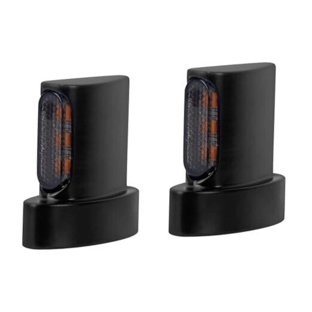 Motorcycle LED mini turn signal pair with black housing and smoke lens, amber light