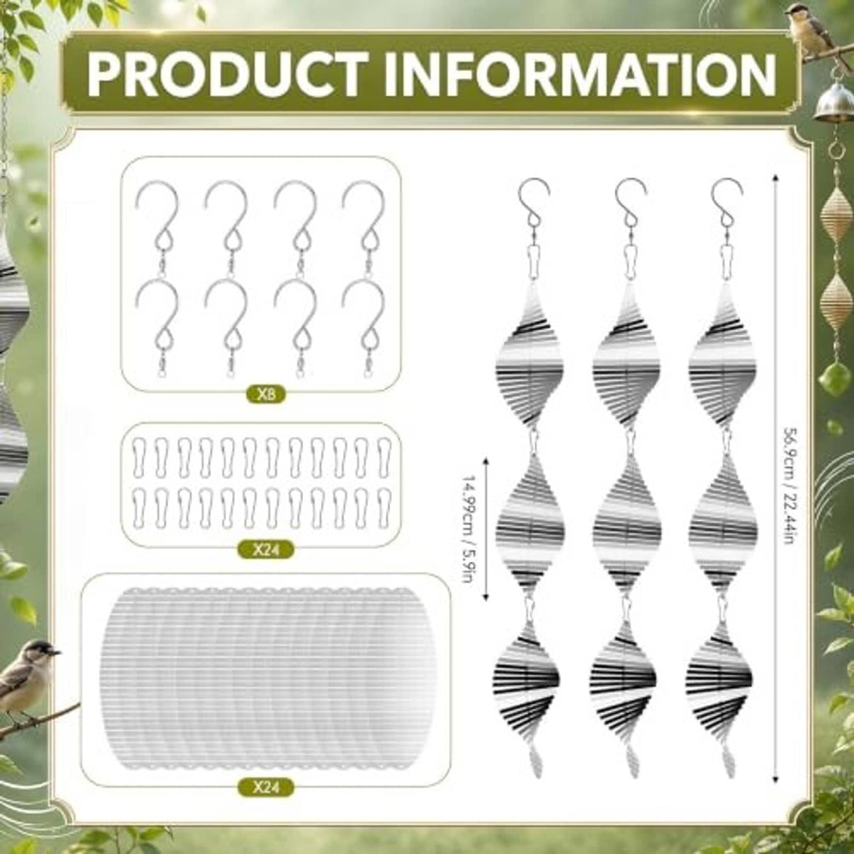 Stainless steel wind spinner bird deterrent set with hanging hooks and pieces