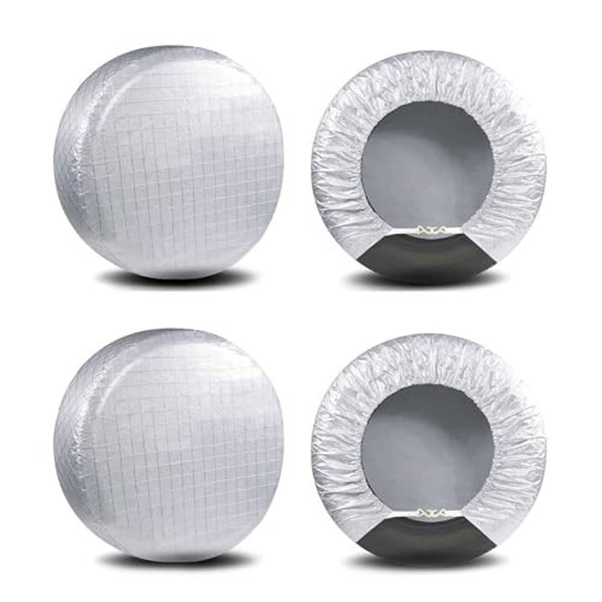 Set of 4 silver-toned tire covers with central cutout, four round covers shown