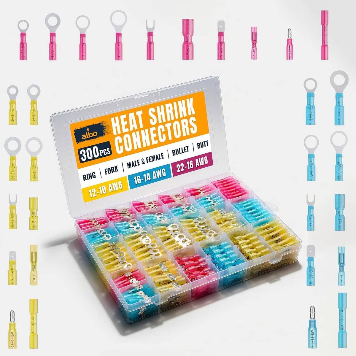 Heat shrink crimp connector kit with pink, yellow, and blue insulated terminals in tray