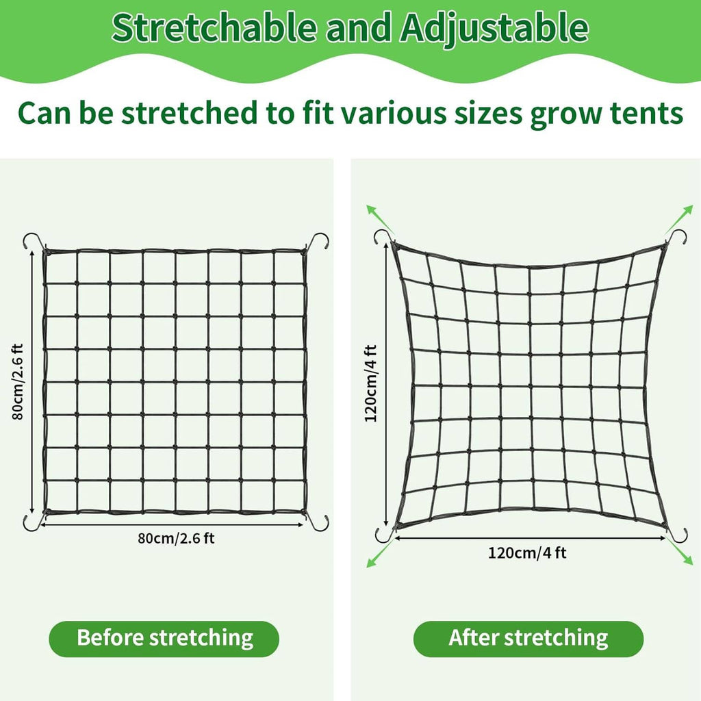 Stretchable black trellis netting with square grid, adjustable for different tent sizes