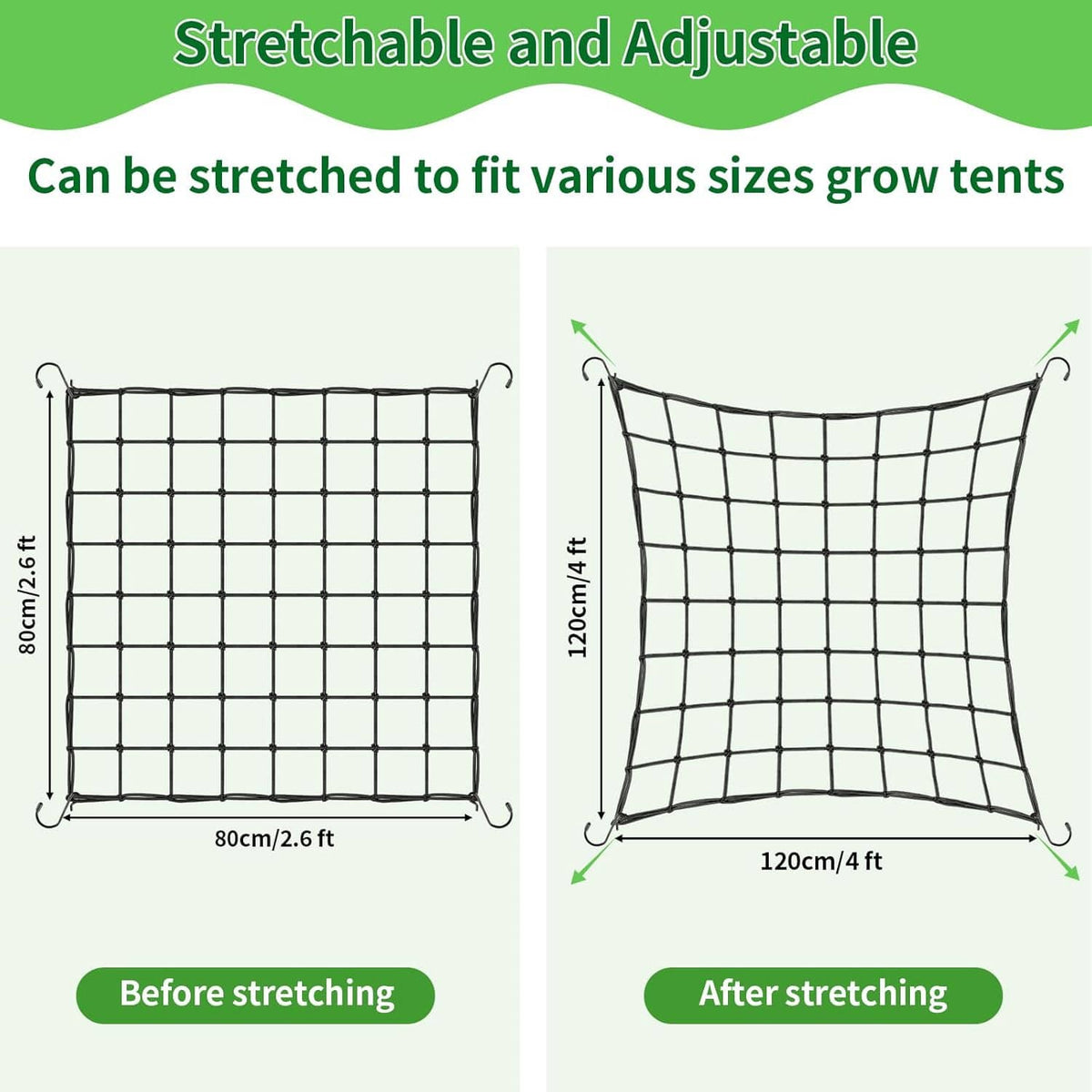 Stretchable black trellis netting with square grid, adjustable for different tent sizes