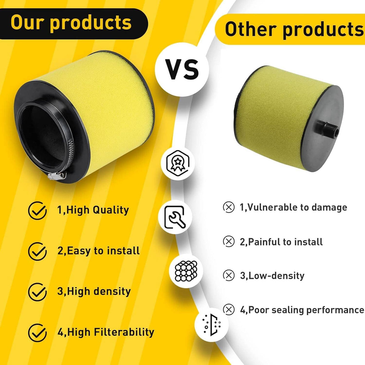 Air filter comparison graphic featuring a yellow foam high-quality filter vs low-density