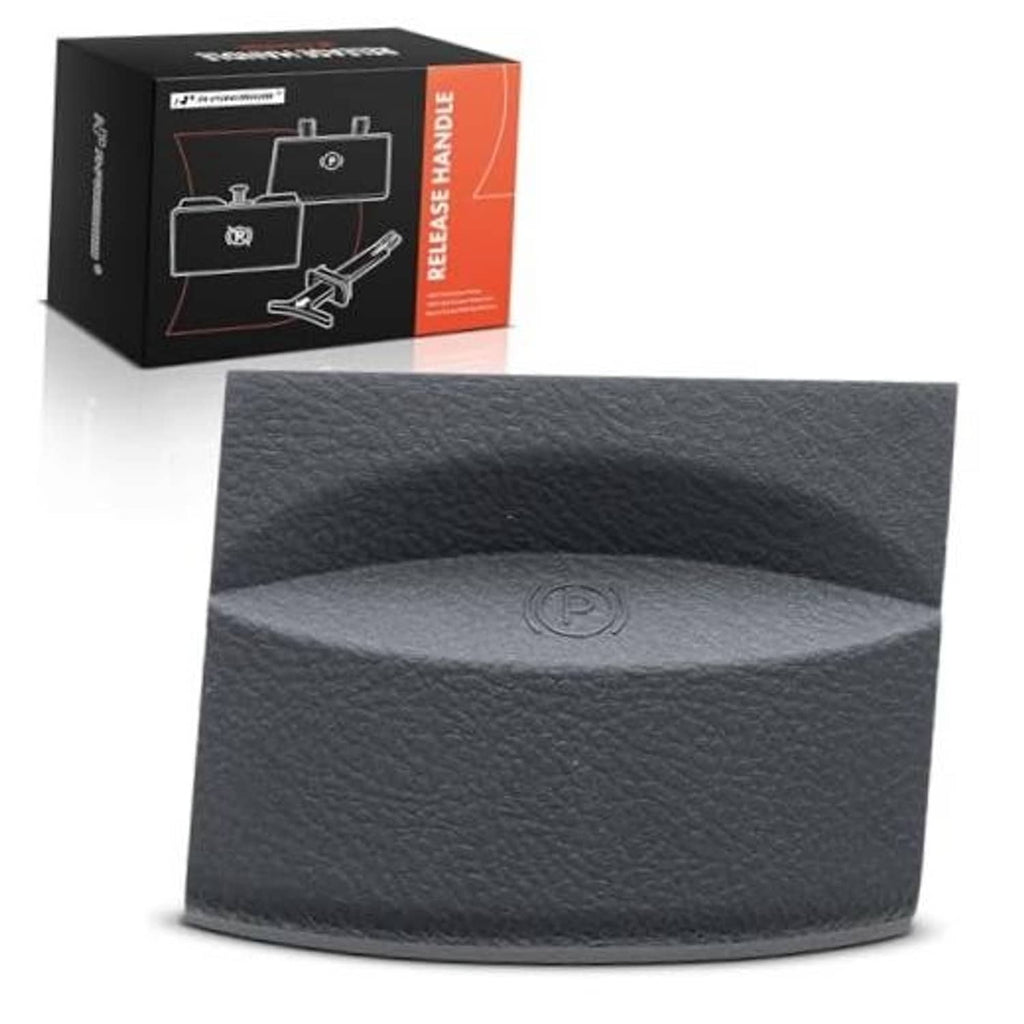 Gray textured parking brake release handle cover with molded P symbol on top
