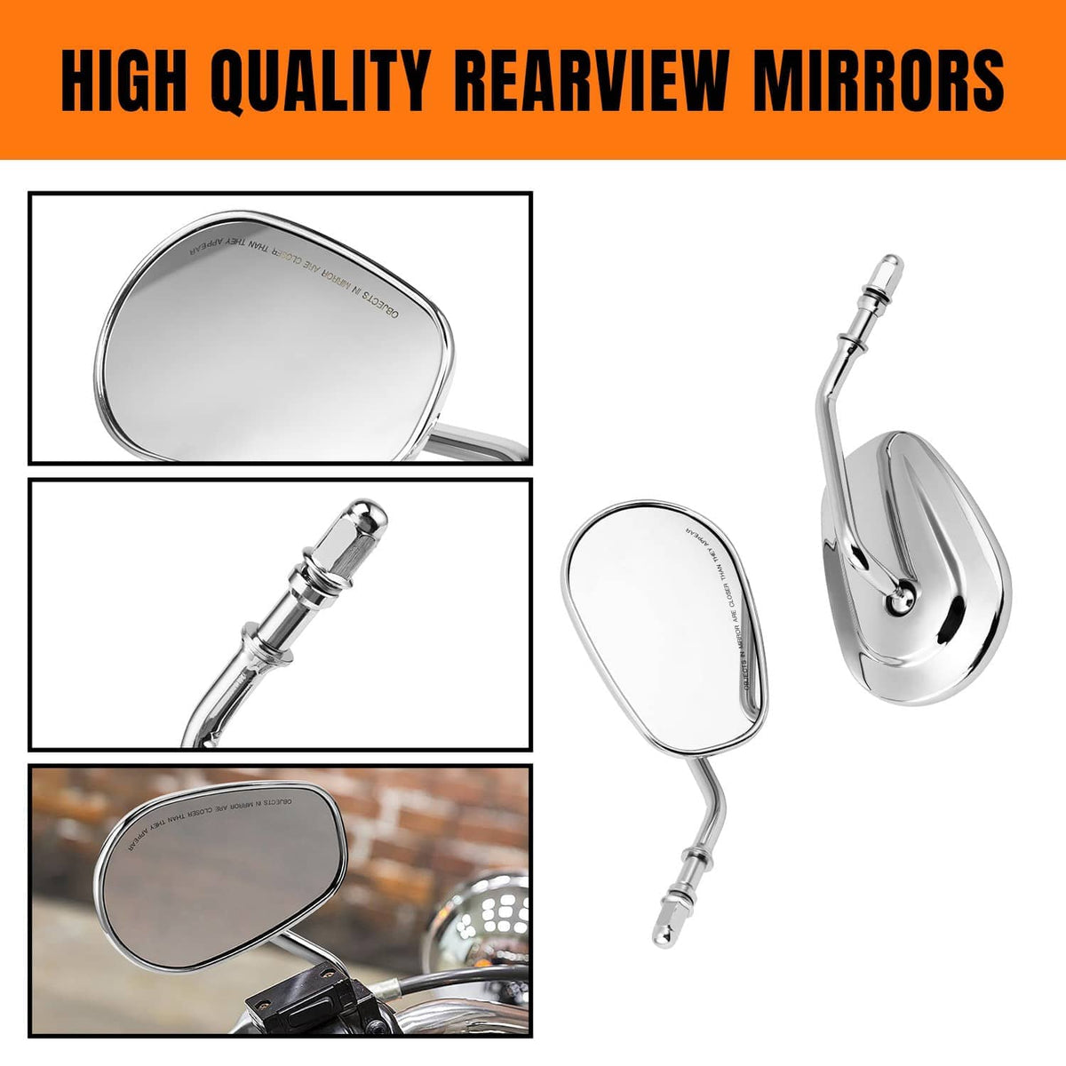 Chrome teardrop rearview mirror set showing mirror lens, arm, and mounting stem