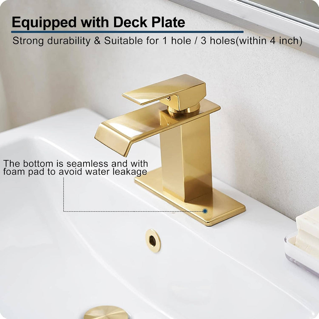 Gold single-handle bathroom faucet with waterfall spout and deck plate installation