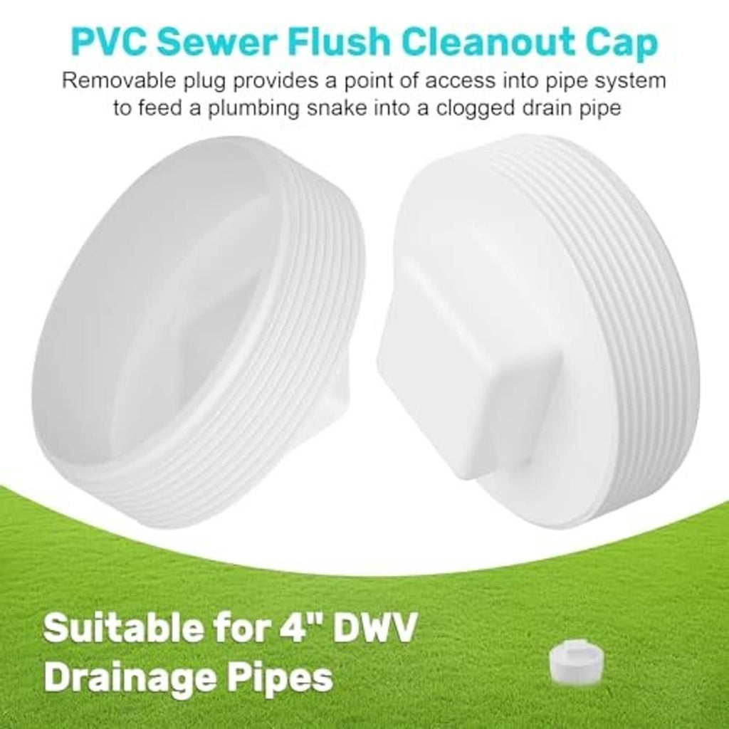 White PVC flush cleanout end cap with ribbed threads and square top opening