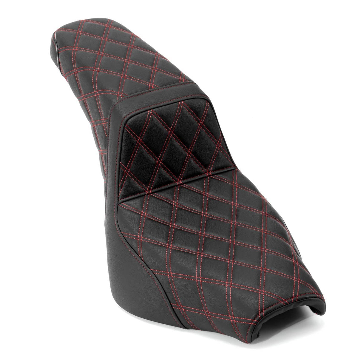 Motorcycle seat section, black cover with red plaid stitching and quilted diamond panels