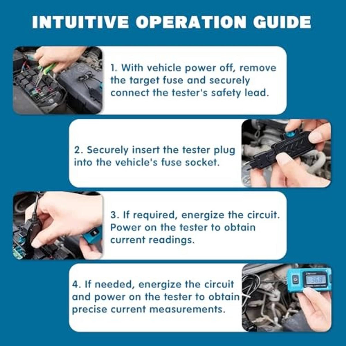 Blue automotive tester with power button and LCD screen, shown with safety lead