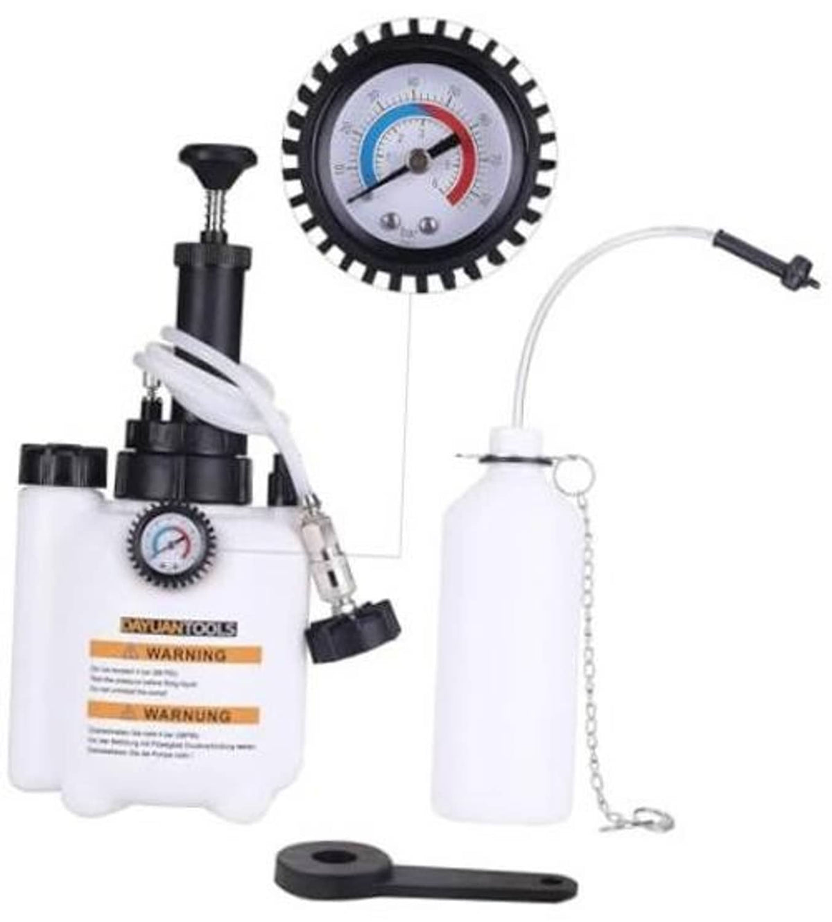 Brake fluid hand bleeder kit with pump, pressure gauge, bottles, and hoses
