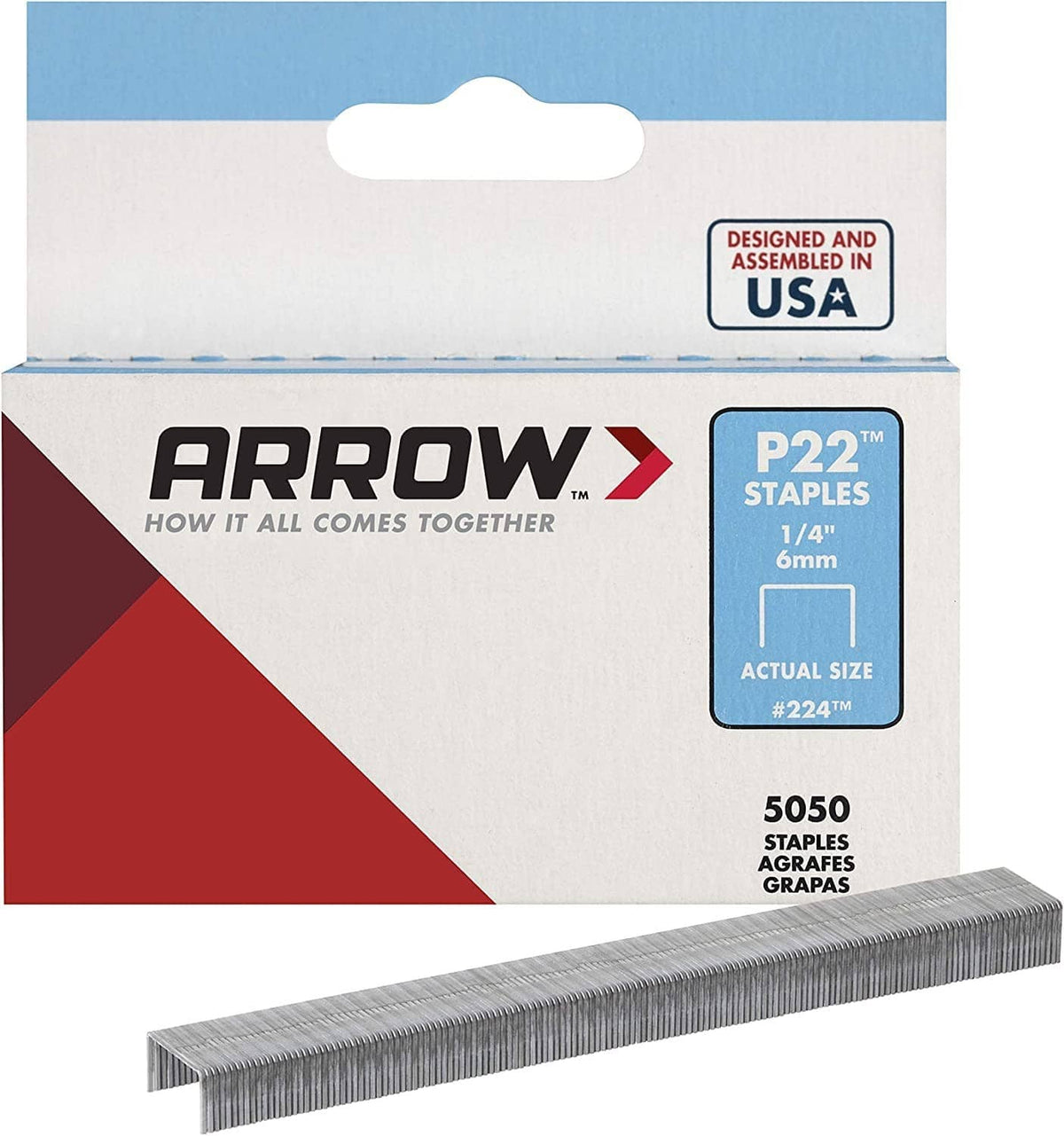 Arrow P22 heavy-duty staple box, 1/4 in staples, 5050 pack, plastic blister