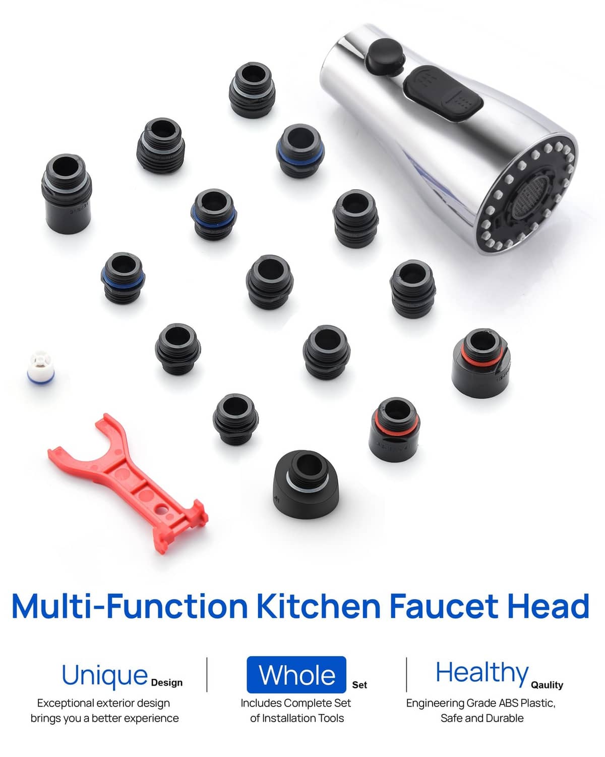 Chrome multi-function kitchen faucet sprayer head with matching adapter caps