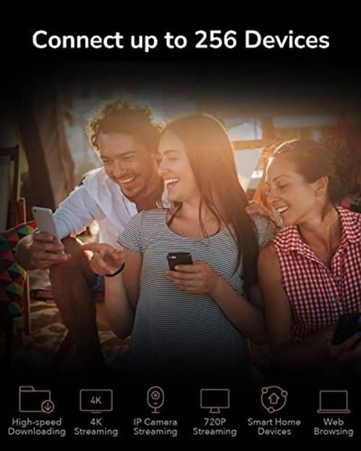 WiFi 6 router feature graphic with multiple-device connectivity scene and router icon
