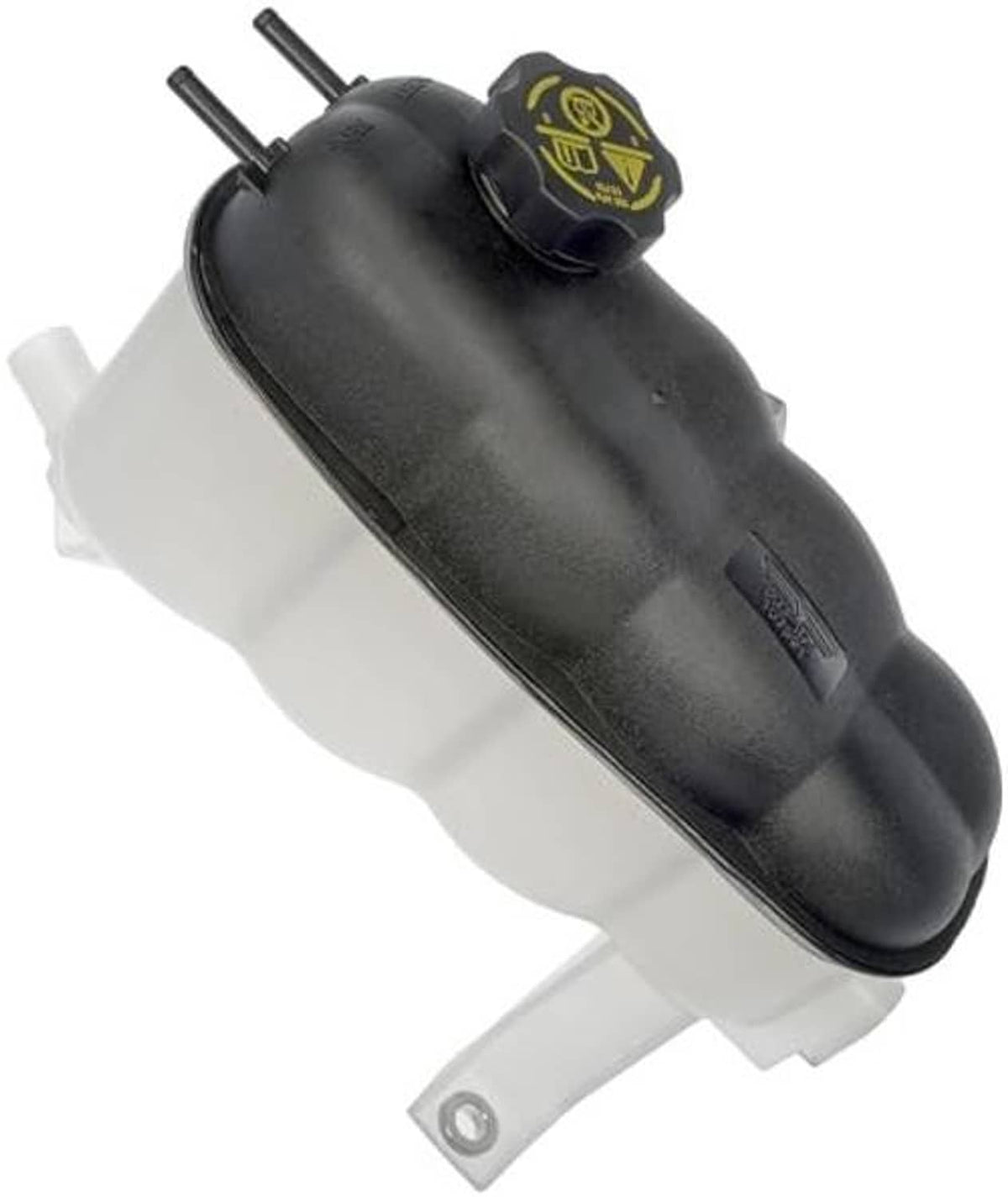 Black front coolant reservoir with cap showing yellow warning label and bracket