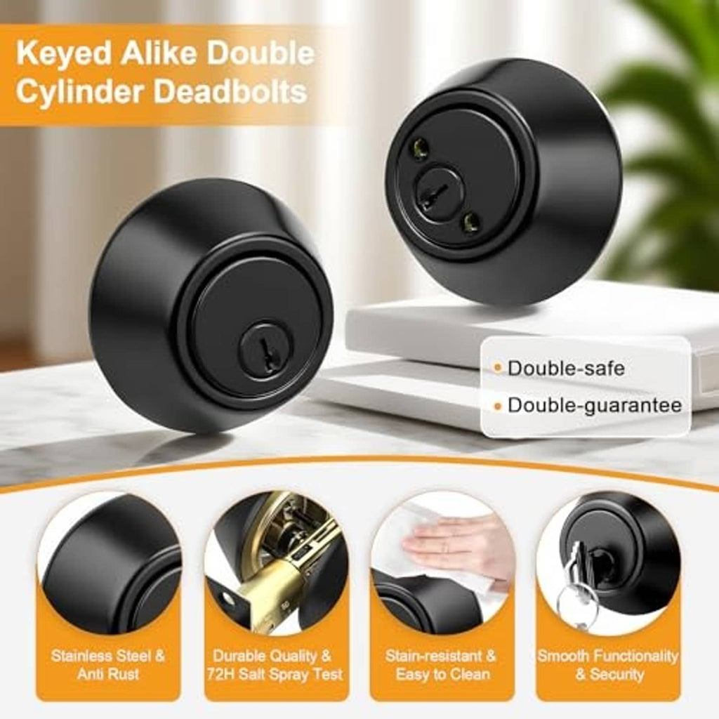 Set of black keyed-alike double cylinder deadbolts with round knobs and matching keys