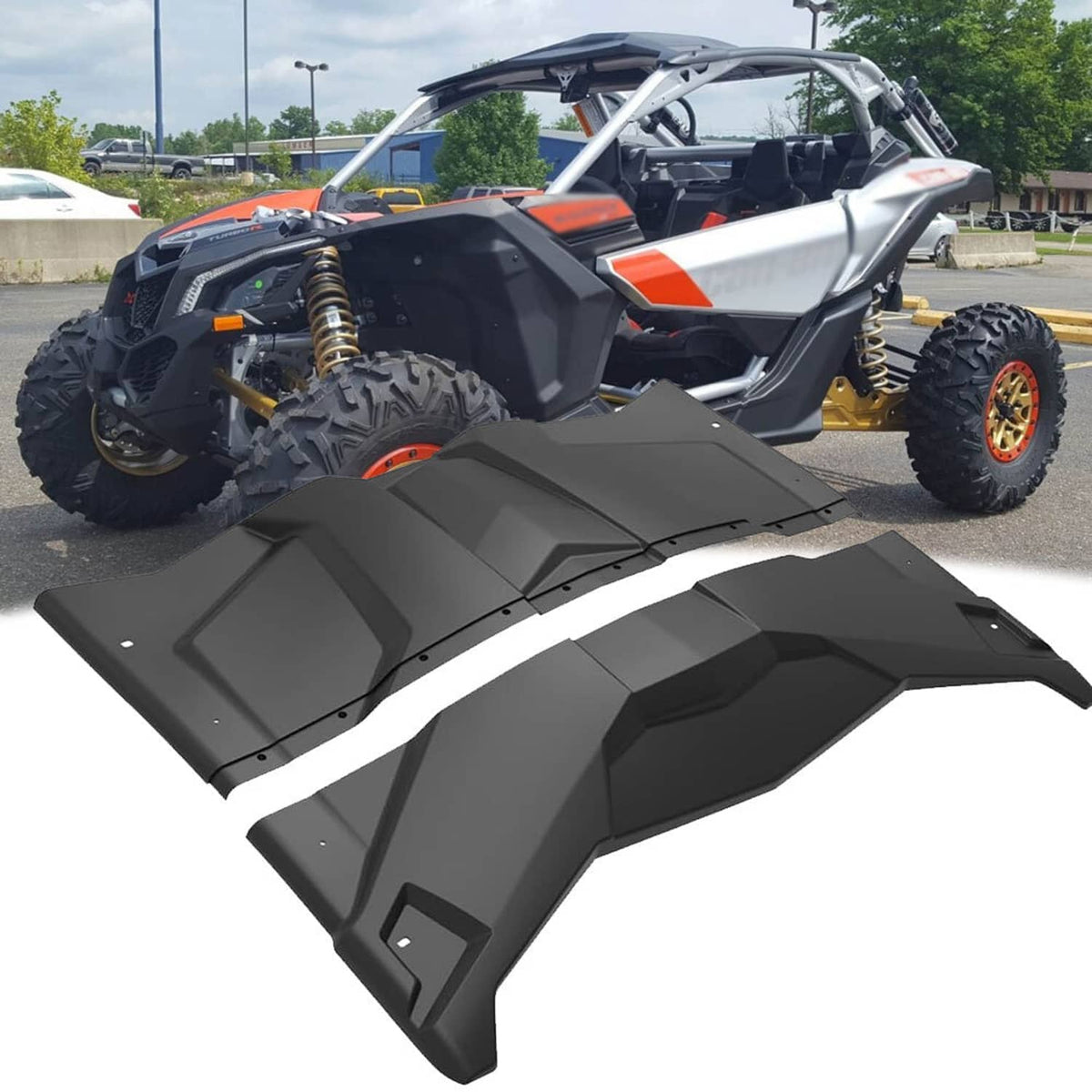 Black roof panels installed on an off-road UTV, covering the cab area