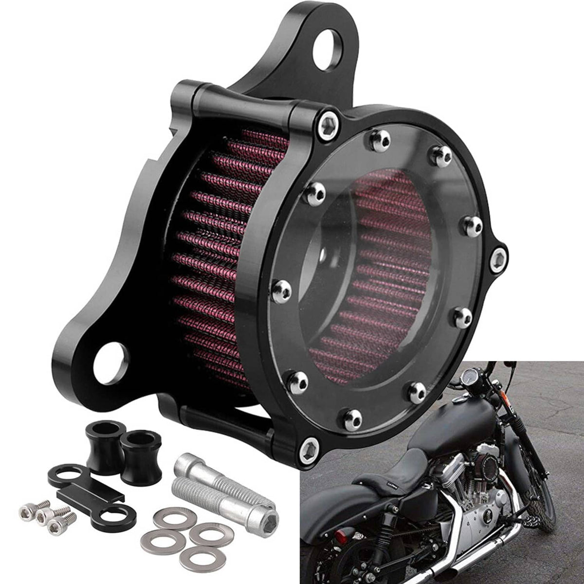 Air cleaner intake filter kit with black housing and red pleated filter element