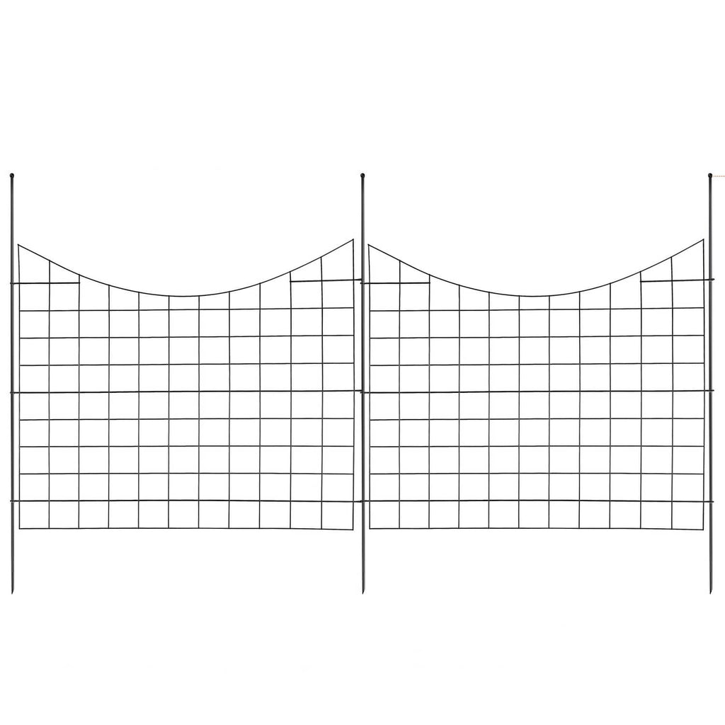 Two-panel black garden fence grid with curved top sections and vertical stakes, spaced apart