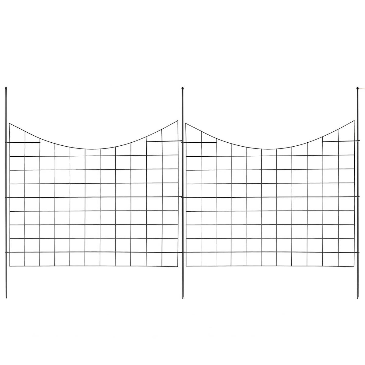 Two-panel black garden fence grid with curved top sections and vertical stakes, spaced apart