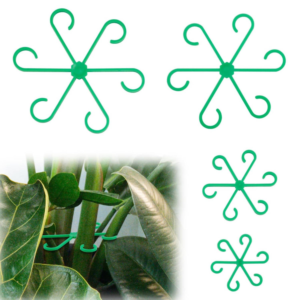 Green plastic plant stem supports, four multi-hook spirals with curved ends