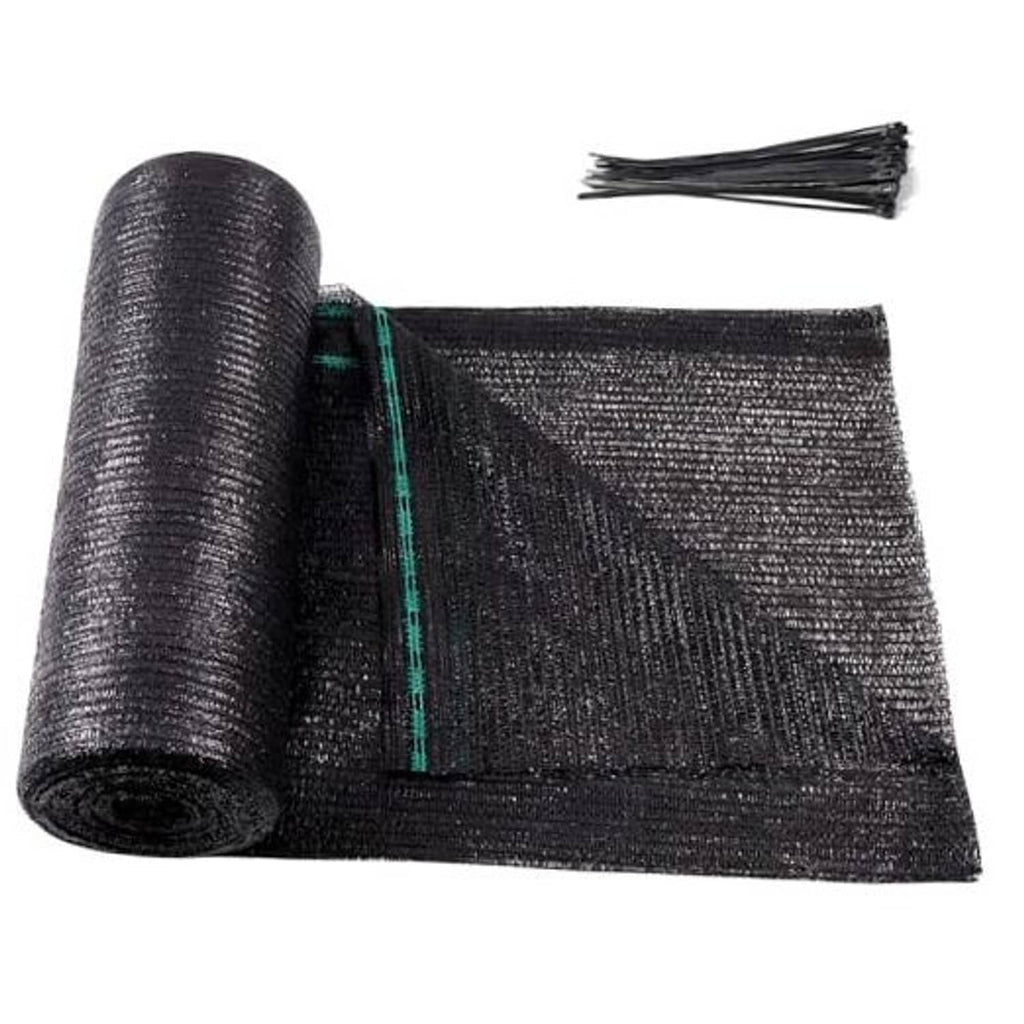 Black sun shade mesh tarp roll with green-reinforced edge and cut fringe