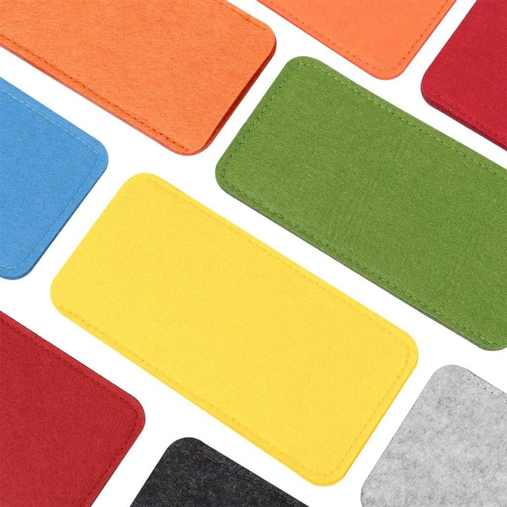 Assorted felt eyeglass slip-in pouches in multiple colors, with stitched edges