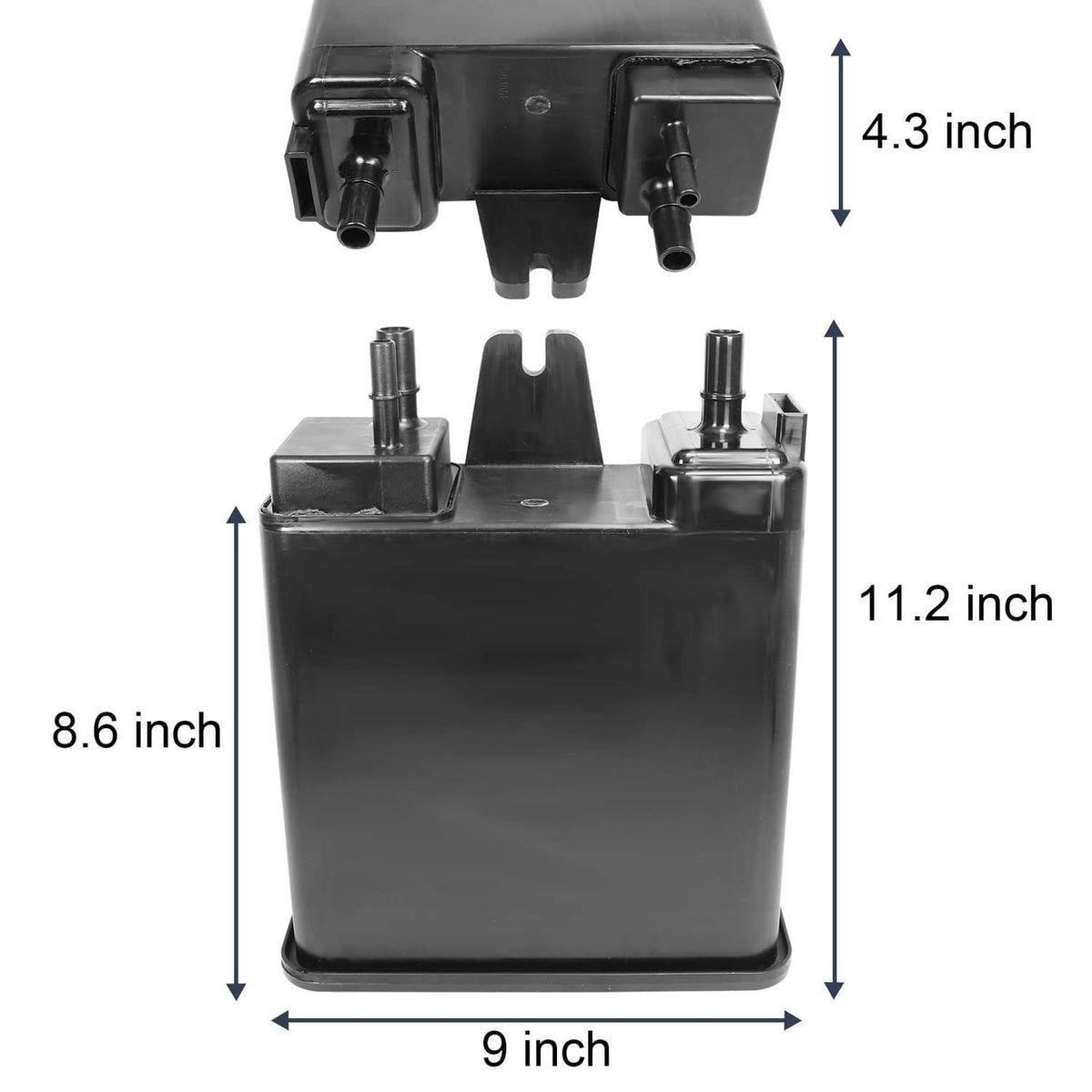 Black vapor canister with dual side fittings; includes visible measurement marks.