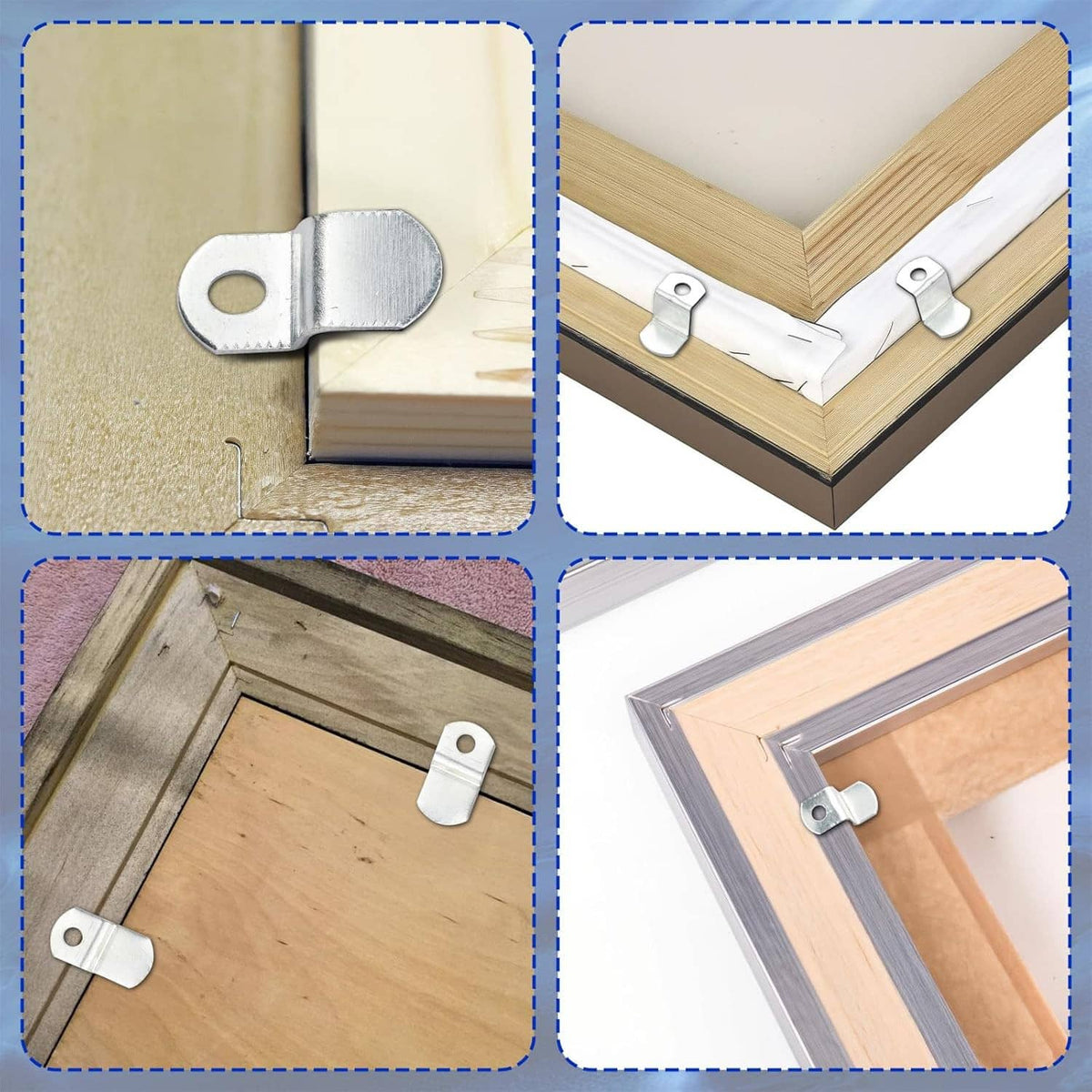White offset canvas clips with screws attaching to wood picture frame corners
