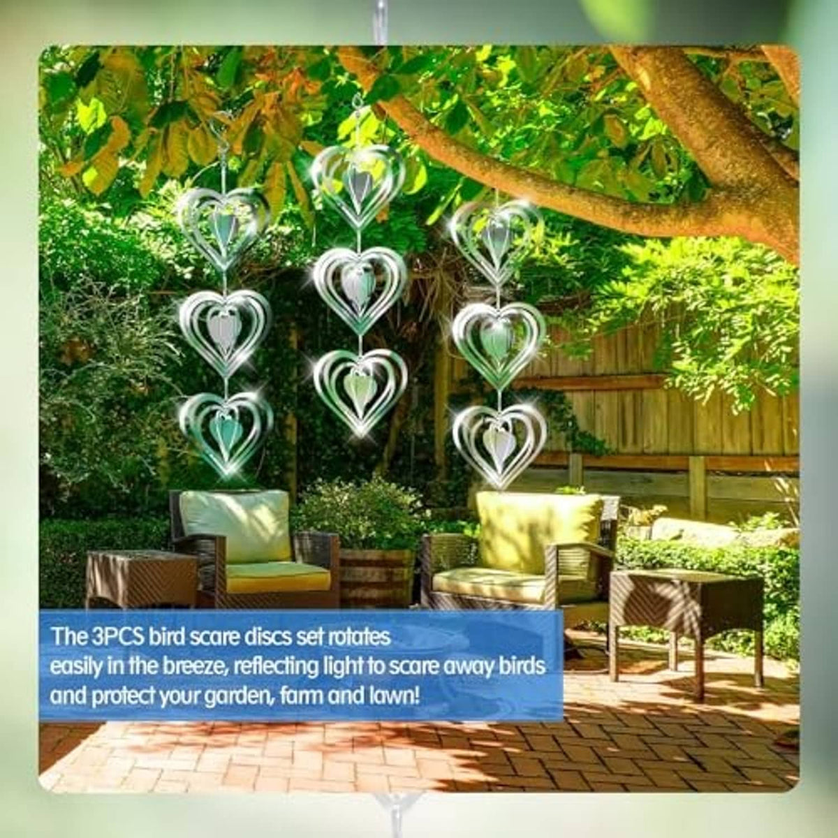 Outdoor stainless steel heart wind spinners with multiple hanging mirrored heart discs