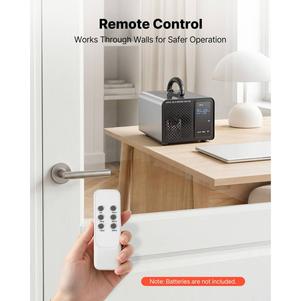 Ozone generator with remote control showing buttons for wall-operated use