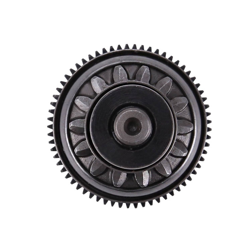 Starter clutch gear close-up, black central hub with silver gear teeth ring