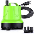 Green submersible fountain water pump with black hose and power plug