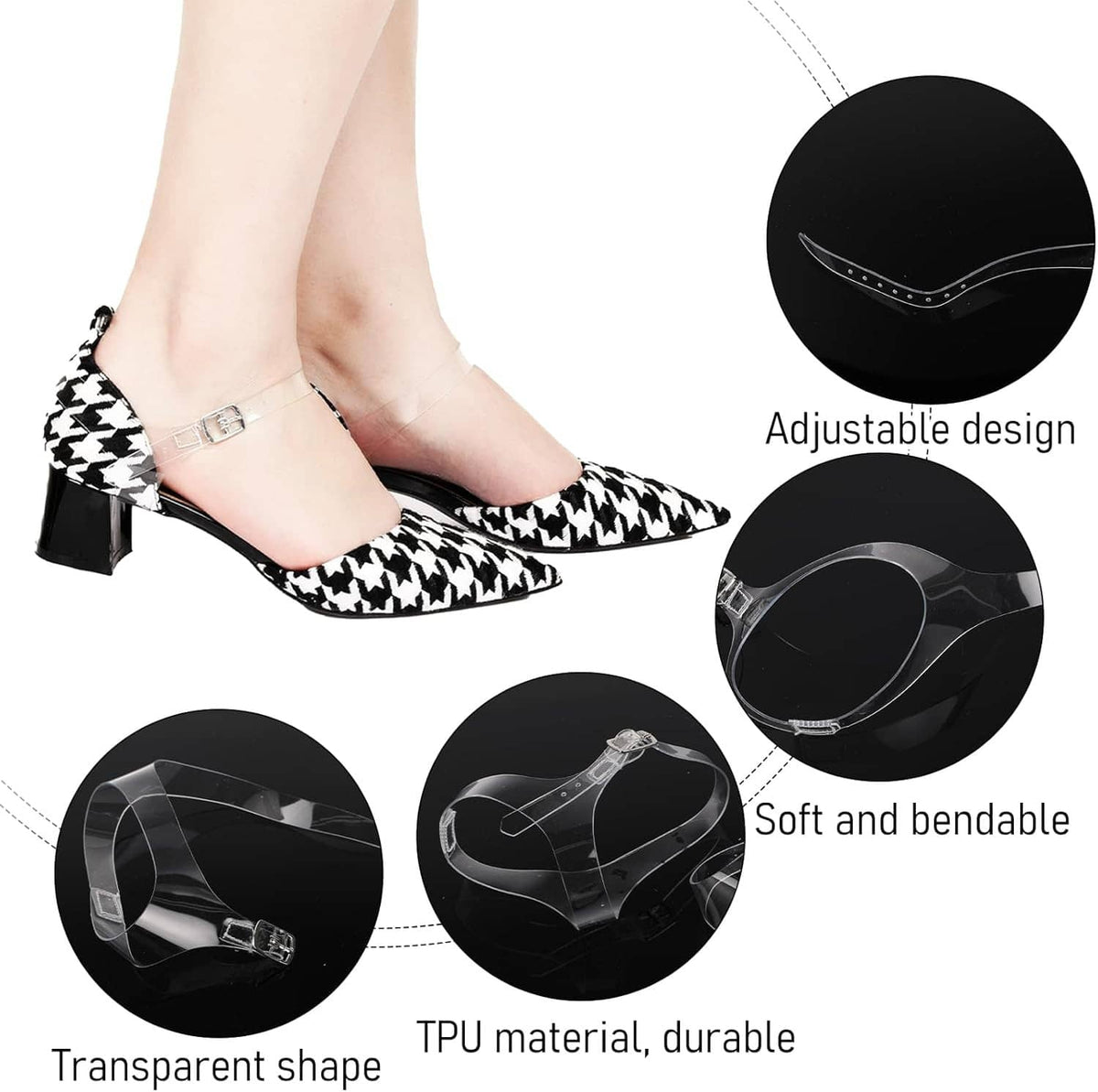 Houndstooth high-heel with clear adjustable ankle strap and metal buckle on foot